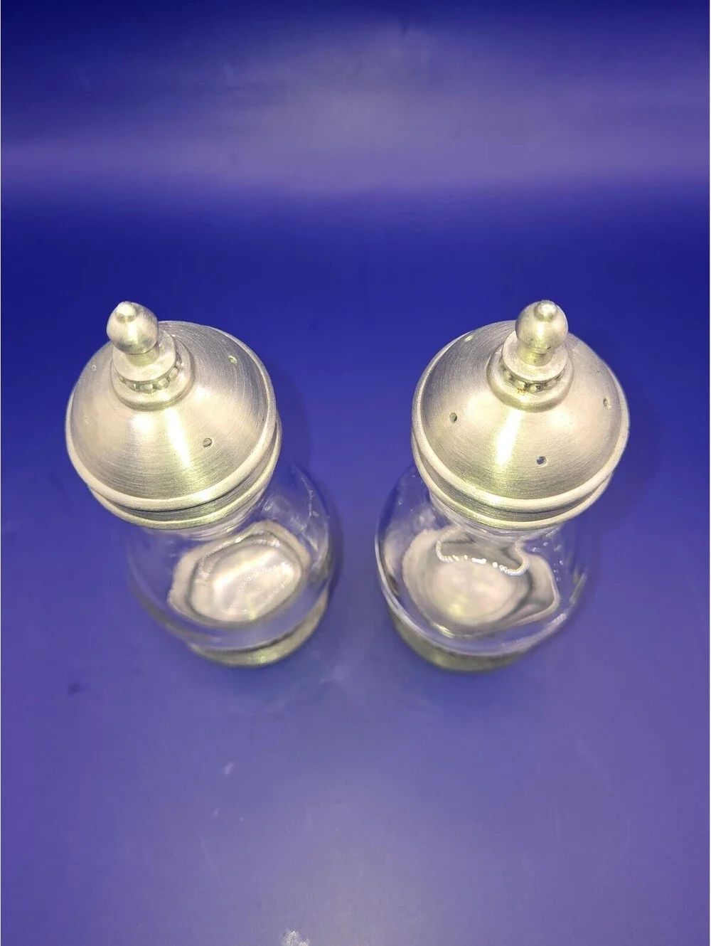 Vintage Style Glass Salt and Pepper Shakers with Silver-Toned Metal Tops and Bae